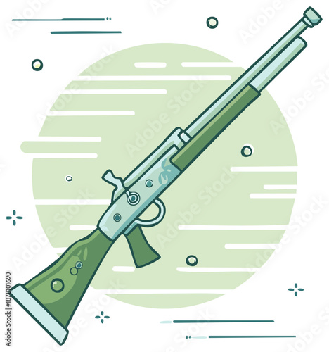 Stylized Illustration of a Classic Bolt Action Rifle with Intricate Details on a Decorative, Light Green Background with Stripes