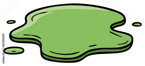 Cartoon Green Blob Spilling Liquid Blob with Outline and Subtle Shading on White Background