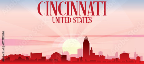 Tableau sur toile Red panoramic poster of the city skyline with misty background buildings, sunris
