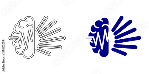 Human brain icon  with pulse wave and radiant energy rays for mental health and biofeedback concept