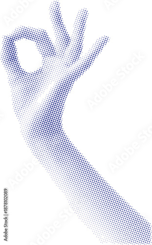 Vector art of blue pixelated hand making peace sign with a halftone effect