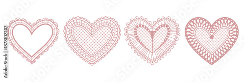 Elegant hand drawn lace hearts frame set, romantic retro doodle Valentine’s Day design, wedding invitation and greeting background, delicate decorative February border