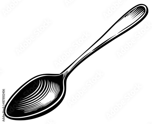 Vintage spoon illustration in a classic black and white engraved woodcut style