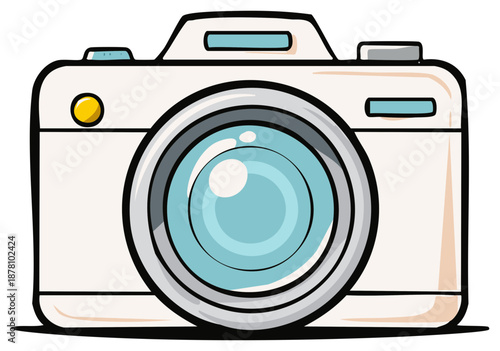 Stylized Drawing of a Camera with a Blue Lens and Rounded Design Elements for Creative Projects