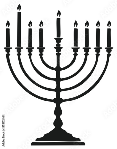 Black silhouette of a Hanukkah menorah with lit candles, holiday celebration.