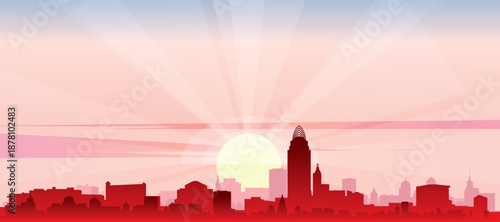 Canvastavla Red panoramic poster of the city skyline with misty background buildings, sunris