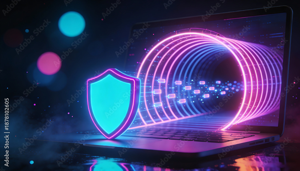 Fototapeta premium Neon shield and encrypted data tunnel flowing through laptop vpn secure network connection privacy protection and cybersecurity concept futuristic 3d illustration