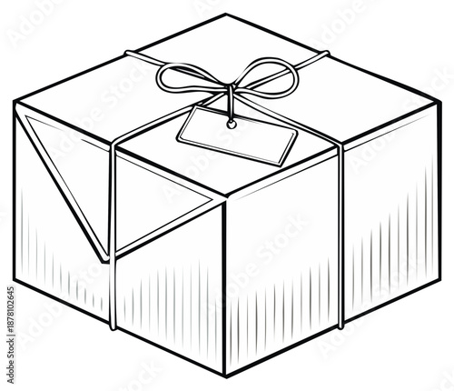 Isolated isometric line drawing of a gift box tied with string and a tag