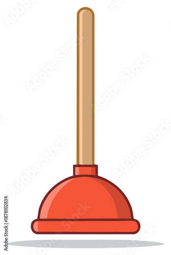 Simple red toilet plunger with wooden handle for unclogging drains vector illustration