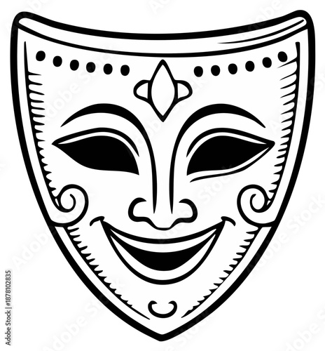 Smiling theatrical mask with open eyes and decorative elements, outlined art