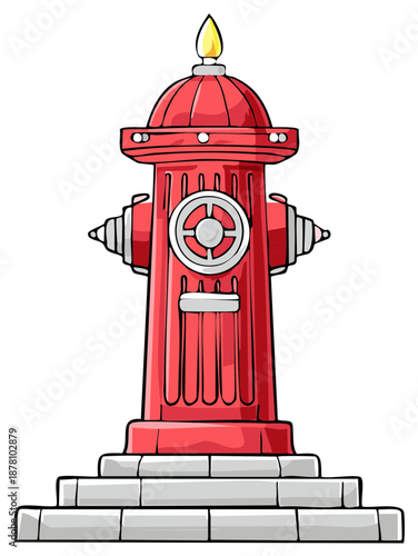 Cartoon red fire hydrant monument illustration with a burning torch flame on top