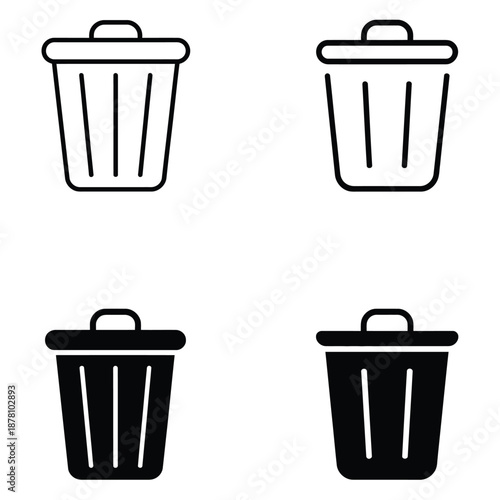 trash bin and delete icons collection, waste disposal, deletion, and clearing actions, isolated graphics for web, mobile apps, and user interface design.