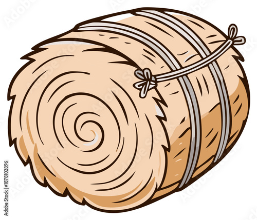 Cartoon illustration of a rolled agricultural hay bale tied with rope
