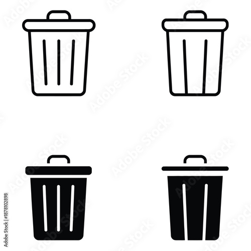 Trash bin delete sign symbol icon set, vector illustrations of waste disposal and deletion icons, representing remove, clear, and discard actions for digital interfaces