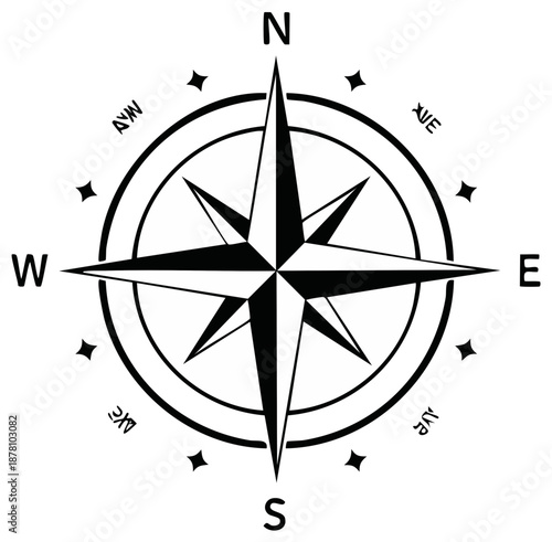Graphic design of a navigational compass rose showing north south east and west directions