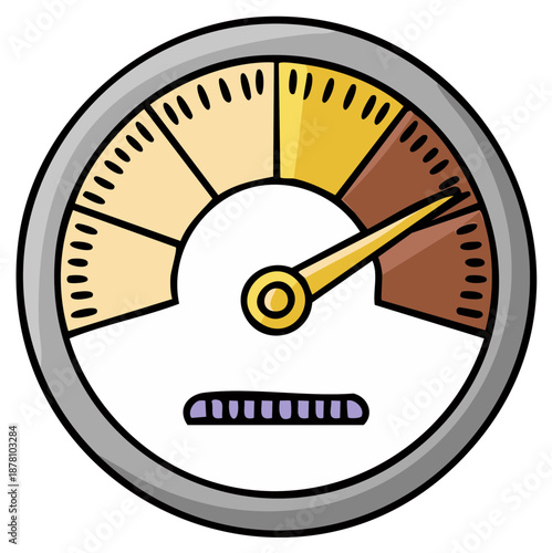Cartoon speedometer gauge with needle pointing to maximum speed or pressure level