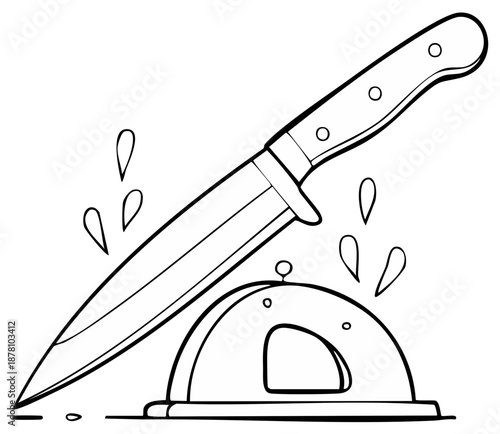 Kitchen knife plunging into a covered serving dish