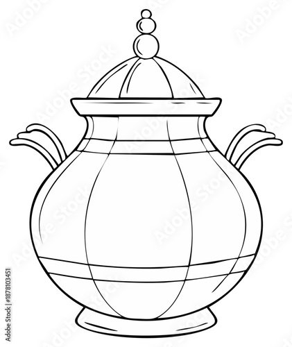 Black and white outline drawing of an ornate lidded pot with handles and stacked finial ideal for coloring