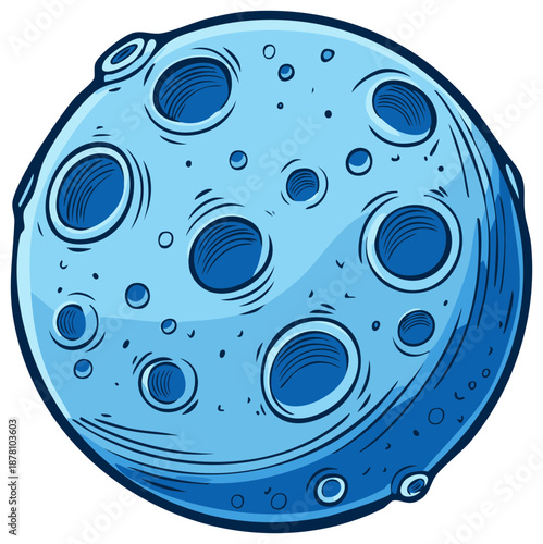 Stylized Lunar Surface Illustration, Blue Cartoon Moon with Impact Craters, Celestial Body, Cosmic Theme Artwork