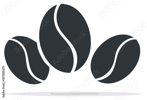 Illustration of three stylized coffee beans isolated on white background with shadows