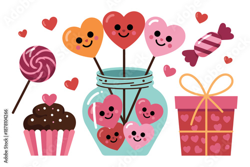 A colorful illustration of Valentine's Day treats and gifts, including heart-shaped candies and a cupcake.
