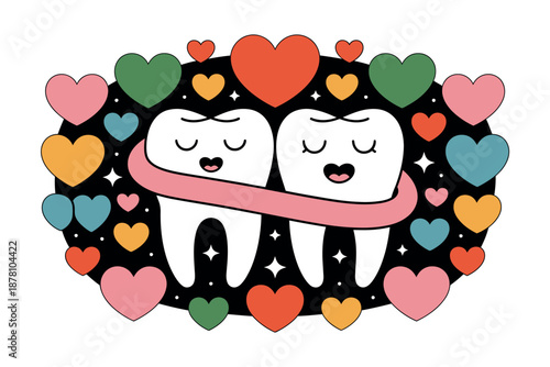 A cartoon illustration of two smiling teeth holding a toothbrush surrounded by colorful hearts