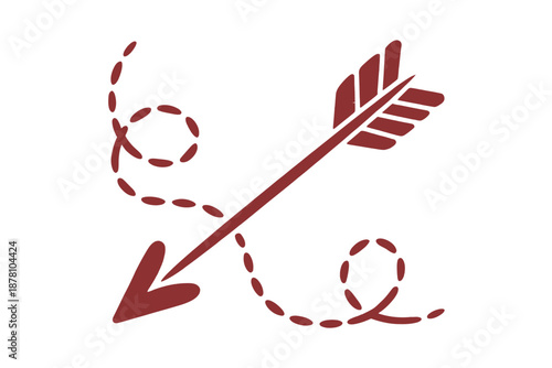 A stylized illustration of a heart-tipped arrow with a dotted trail on a white background