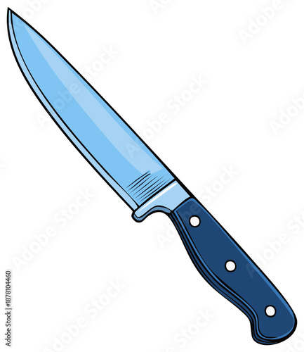 Illustration of a sharp metal kitchen knife with a dark blue handle, a common tool for cutting and chopping