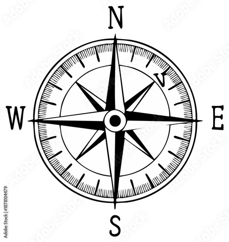 Classic navigational compass rose symbol with cardinal directions for travel and exploration