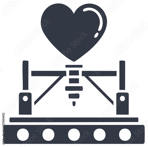 Industrial process creating a heart shape on a conveyor belt with a machine icon design
