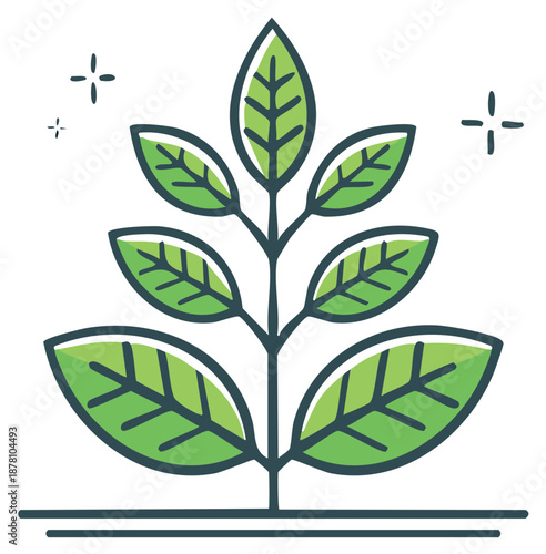 Vibrant green plant illustration with fresh leaves and stem representing natural growth and sustainability