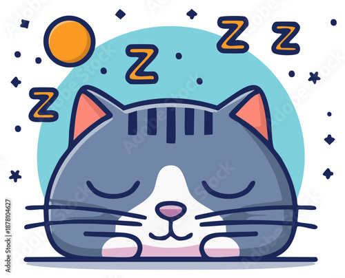 Sleeping Cat with Zzz Symbols and Moon Illustration Dreamy Scene Cute Cartoon