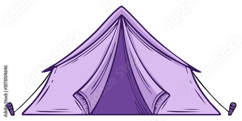 Cartoon illustration of purple tent with open entrance for camping.