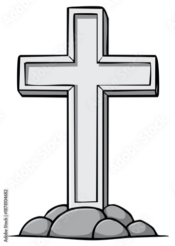 Cartoon Cross on Stones Christian Symbol Faith Religion Burial Site Artwork Design