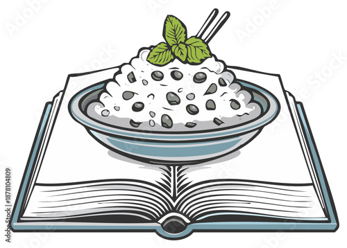 Illustration of a bowl of food on top of a book with mint and chopsticks