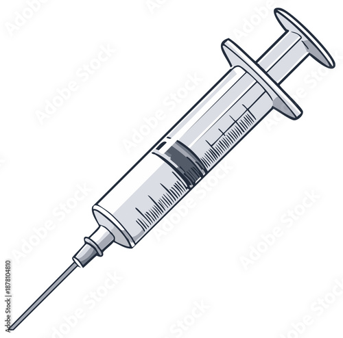Cartoon drawing of a disposable medical syringe and needle for injections and vaccinations