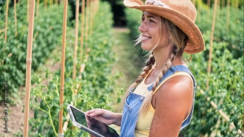 white female agronomist checking tablet in tomato trellis rows, digital monitoring and datadriven crop inspection, sustainable