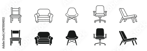 Chair & Seating Furniture Icon Set, Armchair, Dining Chair, Office Chair, Lounge Chair icons, vector illustration .  .