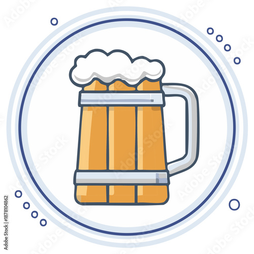 Rustic wooden beer mug with foamy head cartoon icon for a pub or festival