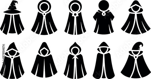 A collection of ten black silhouette icons representing various cloaked figures with different hood and hat styles isolated on transparent background