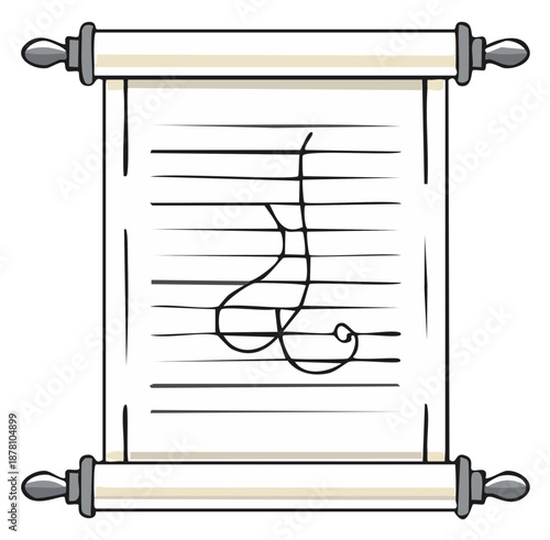 Scroll of parchment with a cryptic glyph or symbol, ancient document.