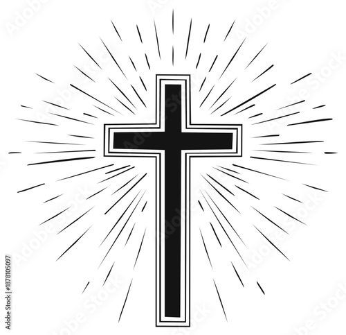 Silhouette cross with radiating sunburst rays, Christian religious symbol, spirituality concept.
