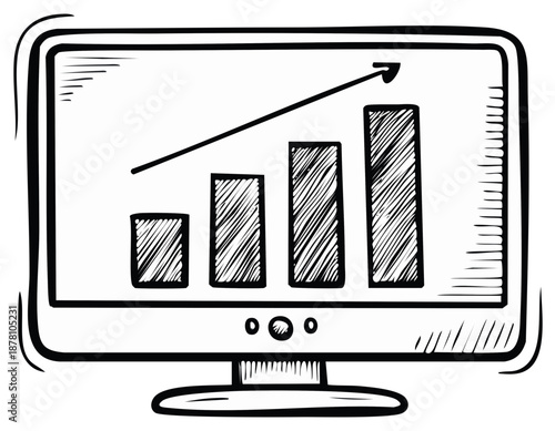 Doodle style computer monitor displaying a rising bar chart with an arrow indicating growth