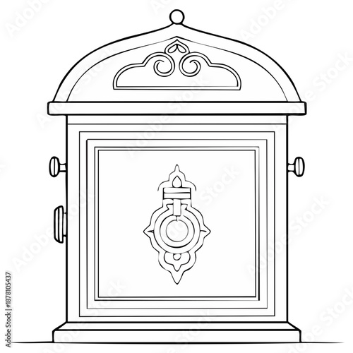 Ornate vintage treasure chest with decorative handle line art illustration for coloring book page