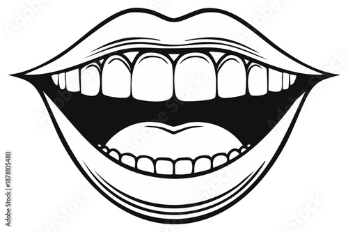 Open mouth with healthy teeth, black and white line art illustration.