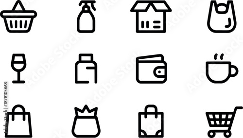 Collection of clean line art shopping icons representing commerce and retail activities isolated on transparent background