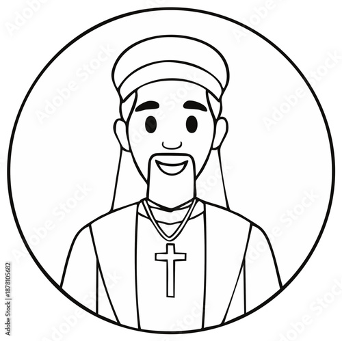 Black and white cartoon avatar of a cheerful man of faith wearing a cross necklace and hat