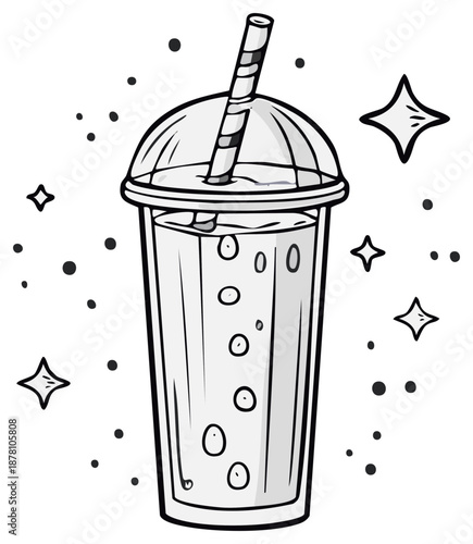 Refreshing drink in a plastic cup with a straw, surrounded by stars, isolated illustration.