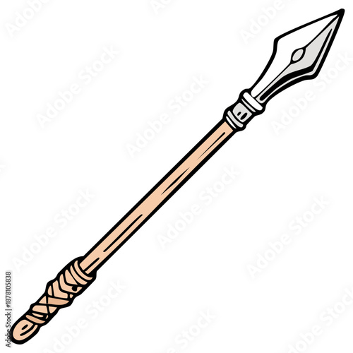 Vibrant cartoon illustration of a classic tribal spear, featuring a sharp metallic point and a sturdy wooden shaft.