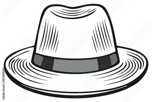 Retro fedora hat illustration with a black rim and detailed lines